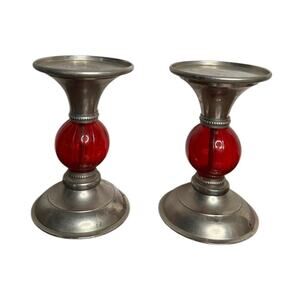 Vtg Martha Stewart Living 6" Deep Red Bead Silver Pillar Candle Holder Pair 2005